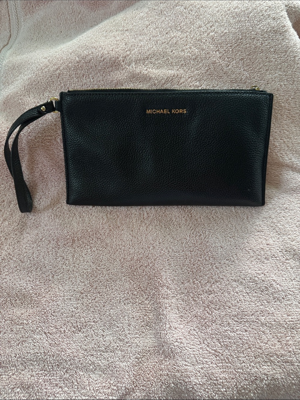 Michael Kors Black Pebbled Leather Wristlet with Gold Logo